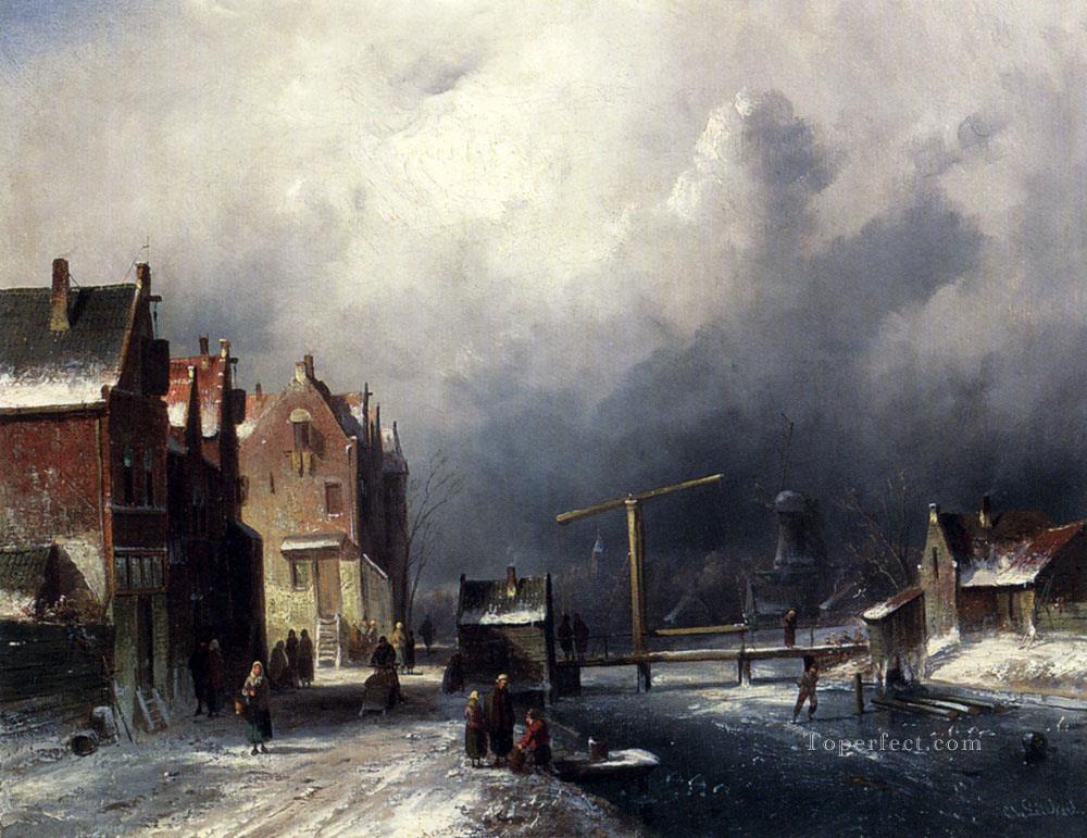 凍った運河の風景のほとりのオランダの町の人物たち チャールズ・ライカート油絵